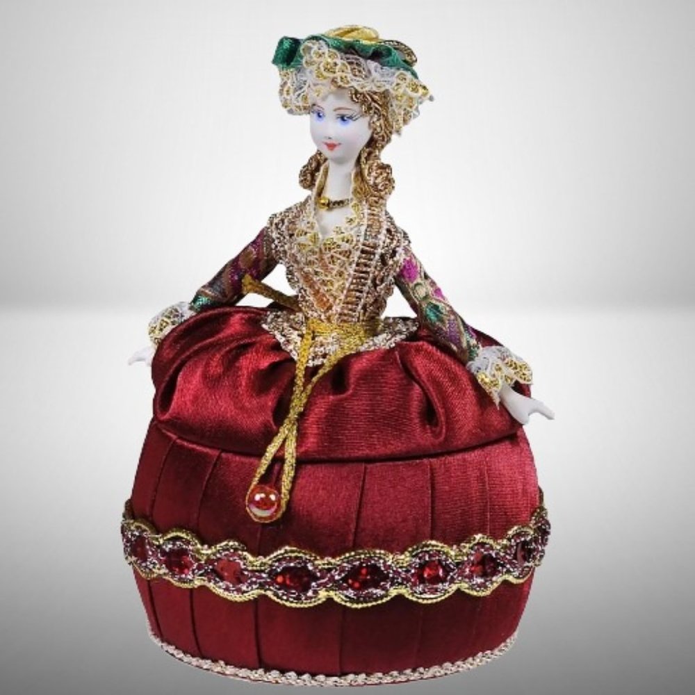 LADY IN RED HANDMADE AND HAND PAINTED COLLECTIBLE PORCELAIN DOLL STORAGE BOX